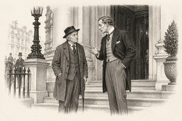 An engraving-style sketch for The Secret of Chimneys, 3 Anxiety in High Places.