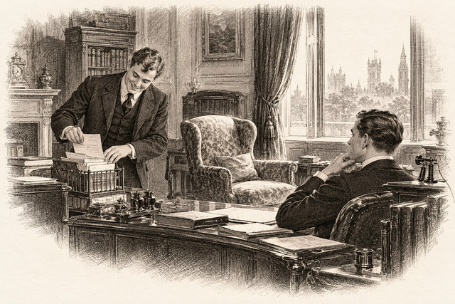 An engraving-style sketch for The Secret of Chimneys, 4 Introducing a Very Charming Lady.