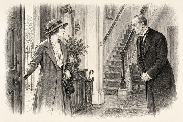 An engraving-style sketch for The Secret of Chimneys, 6 The Gentle Art of Blackmail.