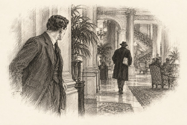 An engraving-style sketch for The Secret of Chimneys, 7 Mr. McGrath Refuses an Invitation.