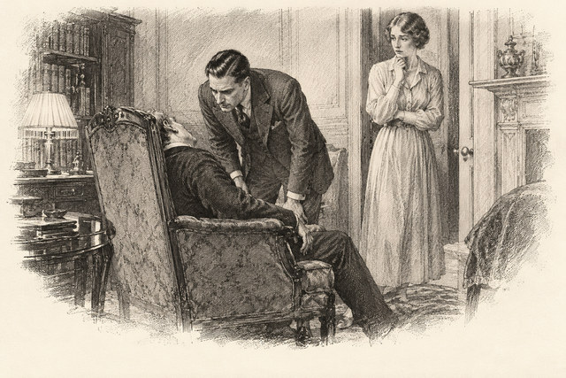 An engraving-style sketch for The Secret of Chimneys, 9 Anthony Disposes of a Body.