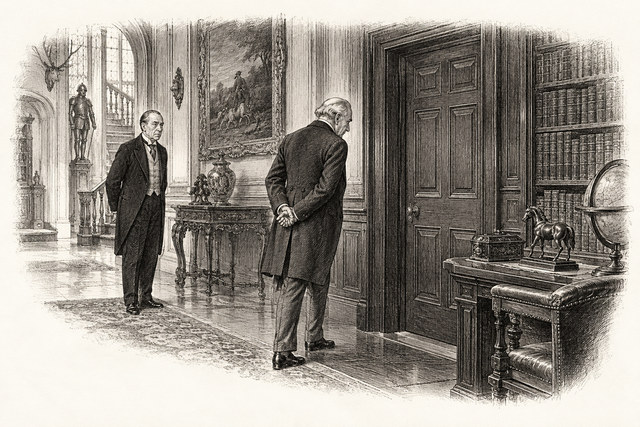 An engraving-style sketch for The Secret of Chimneys, 11 Superintendent Battle Arrives.