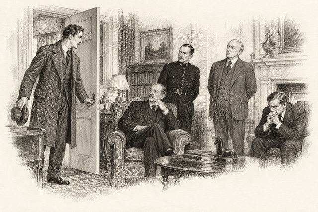An engraving-style sketch for The Secret of Chimneys, 12 Anthony Tells His Story.