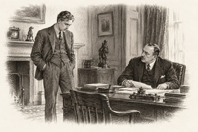 An engraving-style sketch for The Secret of Chimneys, 13 The American Visitor.