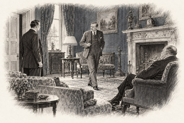 An engraving-style sketch for The Secret of Chimneys, 14 Mainly Political and Financial.