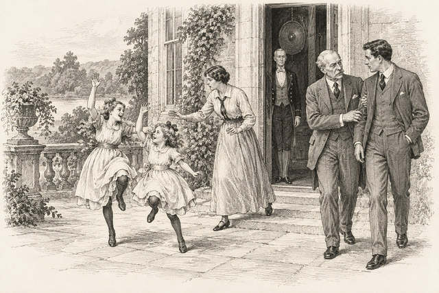 An engraving-style sketch for The Secret of Chimneys, 16 Tea in the Schoolroom.