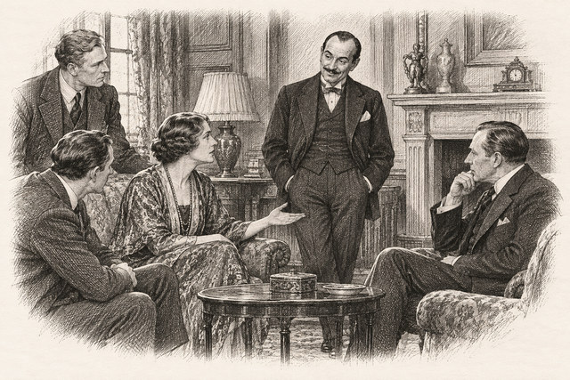 An engraving-style sketch for The Secret of Chimneys, 19 Secret History.