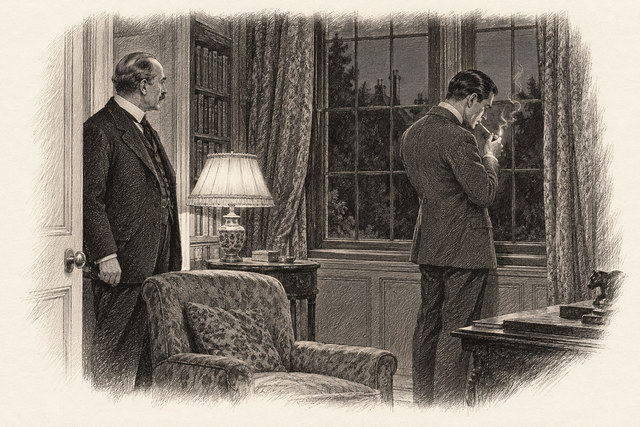 An engraving-style sketch for The Secret of Chimneys, 20 Battle and Anthony Confer.