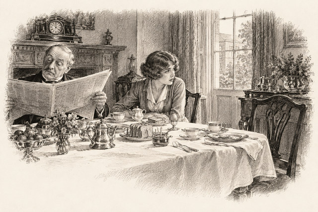 An engraving-style sketch for The Secret of Chimneys, 21 Mr. Isaacstein’s Suit-case.