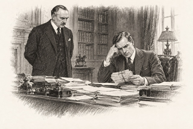 An engraving-style sketch for The Secret of Chimneys, 22 The Red Signal.