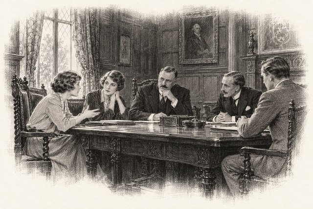 An engraving-style sketch for The Secret of Chimneys, 23 Encounter in the Rose Garden.