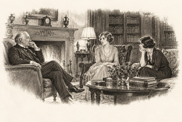 An engraving-style sketch for The Secret of Chimneys, 25 Tuesday Night at Chimneys.