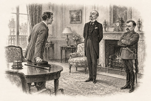 An engraving-style sketch for The Secret of Chimneys, 26 The 13th of October.