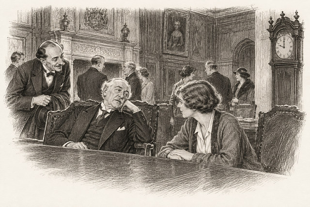 An engraving-style sketch for The Secret of Chimneys, 27 The 13th of October (contd.).