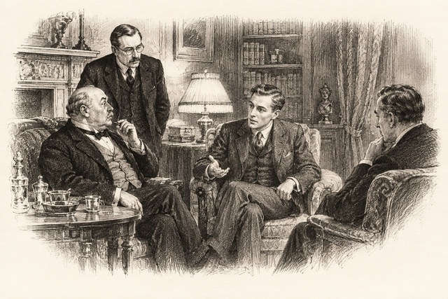 An engraving-style sketch for The Secret of Chimneys, 29 Further Explanations.