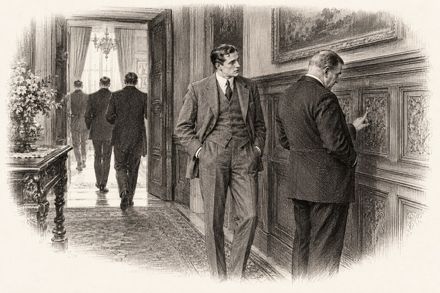 An engraving-style sketch for The Secret of Chimneys, 30 Anthony Signs on for a New Job.