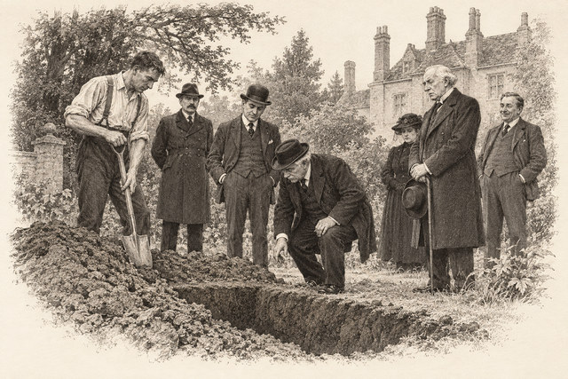 An engraving-style sketch for The Secret of Chimneys, 31 Sundry Details.