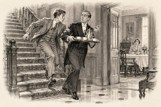 An engraving-style sketch for The Seven Dials Mystery, Chapter I.