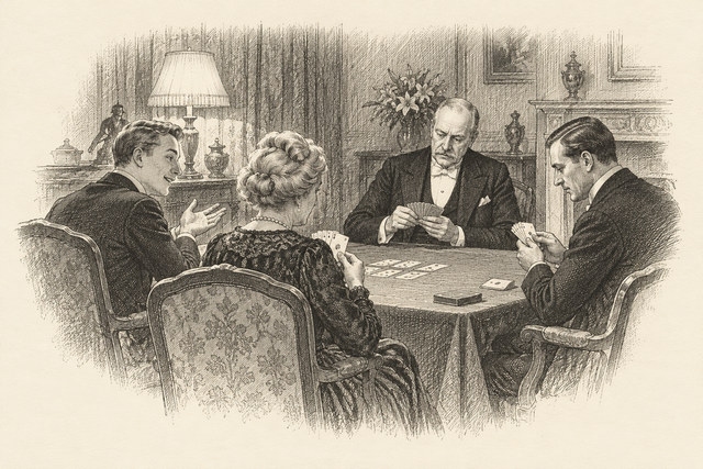 An engraving-style sketch for The Seven Dials Mystery, Chapter II.