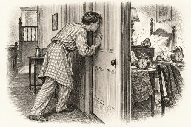 An engraving-style sketch for The Seven Dials Mystery, Chapter III.