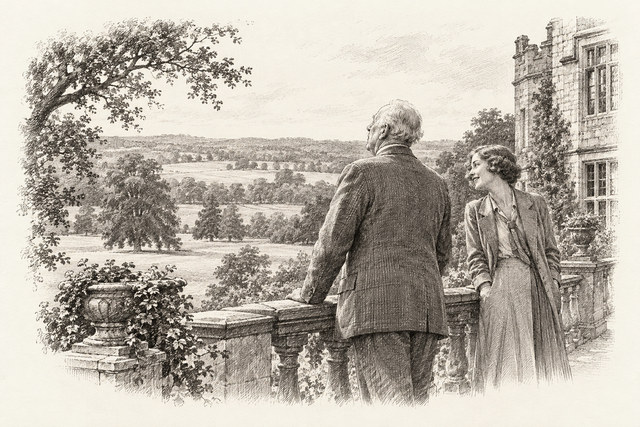 An engraving-style sketch for The Seven Dials Mystery, Chapter IV.