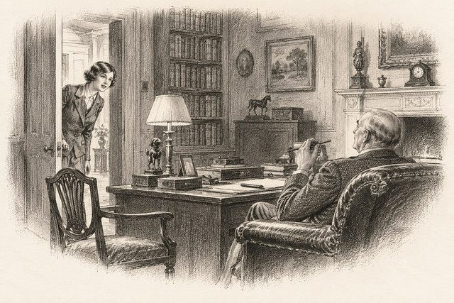 An engraving-style sketch for The Seven Dials Mystery, Chapter V.