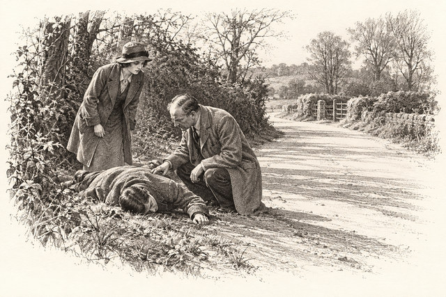 An engraving-style sketch for The Seven Dials Mystery, Chapter VI.