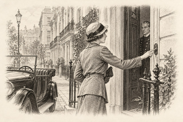 An engraving-style sketch for The Seven Dials Mystery, Chapter VII.