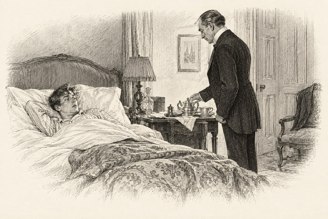 An engraving-style sketch for The Seven Dials Mystery, Chapter VIII.