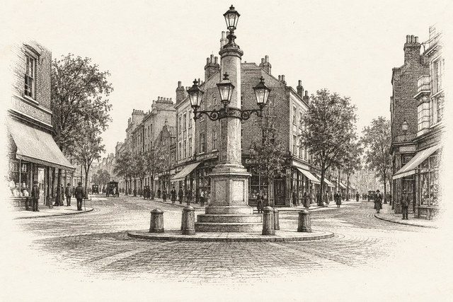An engraving-style sketch for The Seven Dials Mystery, Chapter IX.
