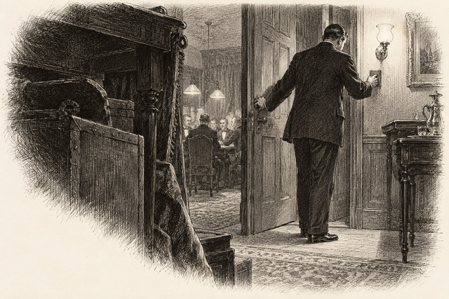 An engraving-style sketch for The Seven Dials Mystery, Chapter XIV.