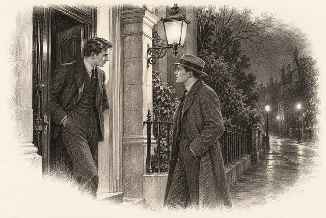 An engraving-style sketch for The Seven Dials Mystery, Chapter XVIII.