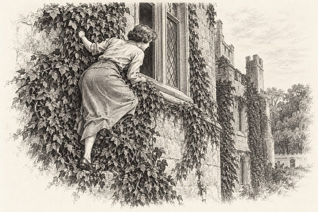 An engraving-style sketch for The Seven Dials Mystery, Chapter XIX.