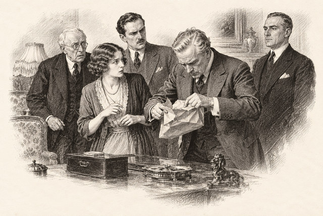 An engraving-style sketch for The Seven Dials Mystery, Chapter XXI.