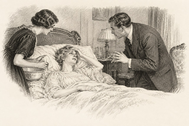 An engraving-style sketch for The Seven Dials Mystery, Chapter XXII.
