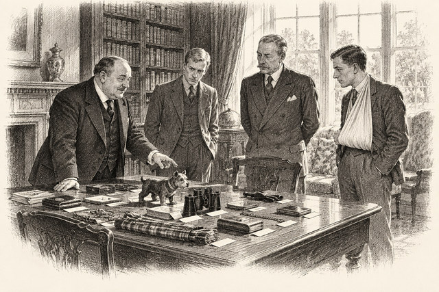 An engraving-style sketch for The Seven Dials Mystery, Chapter XXIII.