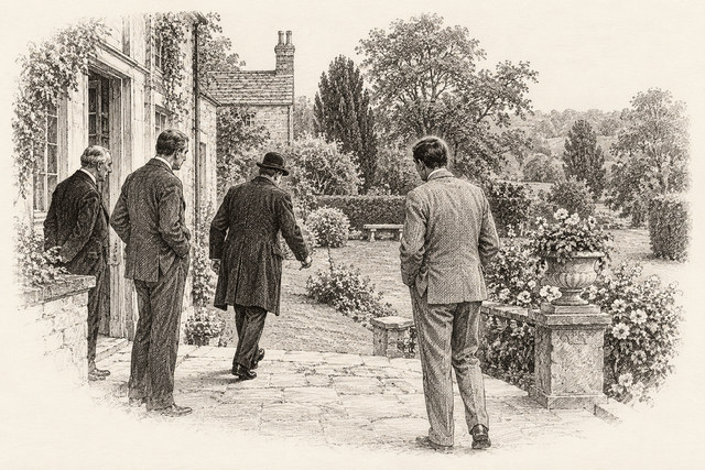 An engraving-style sketch for The Seven Dials Mystery, Chapter XXIV.