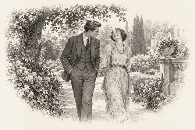 An engraving-style sketch for The Seven Dials Mystery, Chapter XXV.