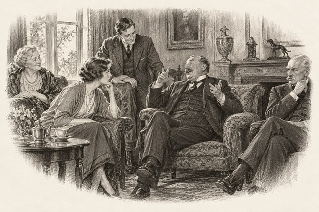 An engraving-style sketch for The Seven Dials Mystery, Chapter XXVII.