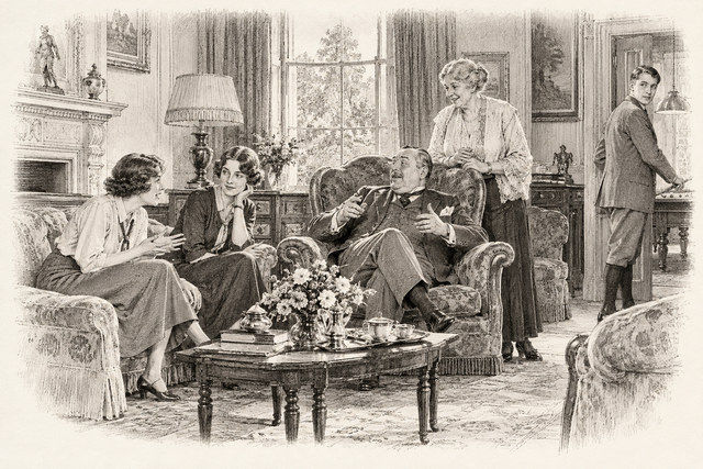 An engraving-style sketch for The Seven Dials Mystery, Chapter XXVIII.