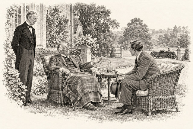 An engraving-style sketch for The Seven Dials Mystery, Chapter XXIX.