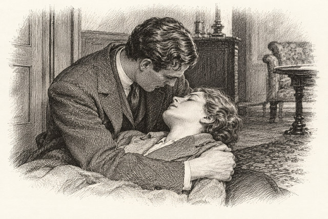 An engraving-style sketch for The Seven Dials Mystery, Chapter XXXI.