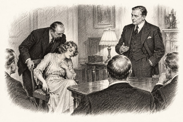 An engraving-style sketch for The Seven Dials Mystery, Chapter XXXII.