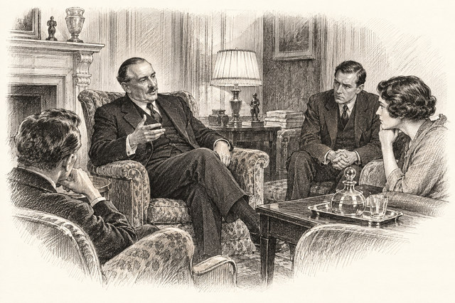 An engraving-style sketch for The Seven Dials Mystery, Chapter XXXIII.