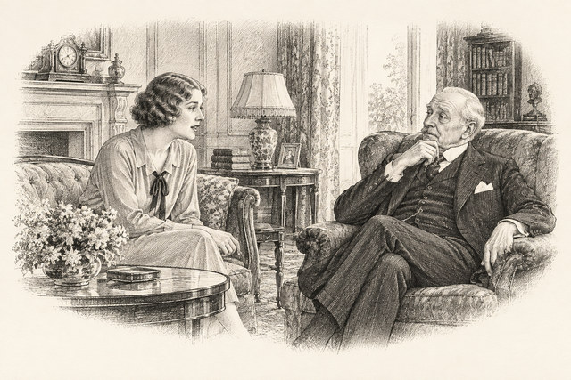 An engraving-style sketch for The Seven Dials Mystery, Chapter XXXIV.