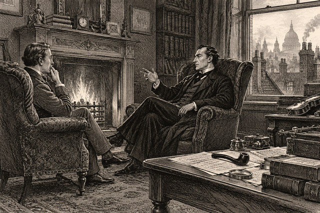 Holmes and Watson talk beside the fireplace in their furnished Baker Street sitting room. AI-generated nineteenth-century engraving-style plate.