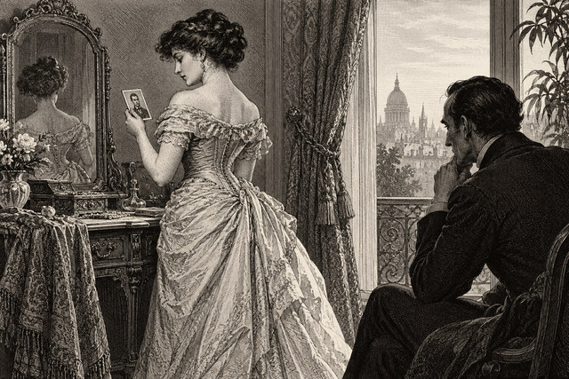 Irene Adler holds a small photograph before a mirror while Holmes watches from the room. AI-generated nineteenth-century engraving-style plate.
