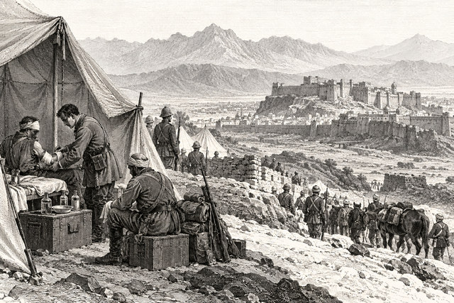 A British army camp overlooks a mountain town during Watson’s service in Afghanistan. AI-generated nineteenth-century engraving-style plate.