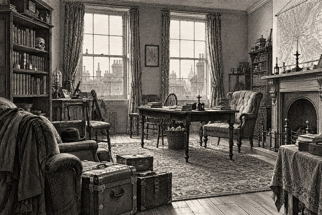 The Baker Street sitting room, with its fireplace, bookshelves, desk and travelling trunk. AI-generated nineteenth-century engraving-style plate.