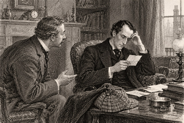 Watson watches Holmes study a letter at their Baker Street table. AI-generated nineteenth-century engraving-style plate.